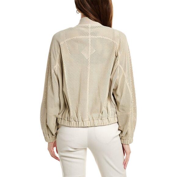 NWT Brunello Cucinelli Tan Cream Laser Cut 100% Leather Bomber Jacket 48 / XL - Picture 2 of 16
